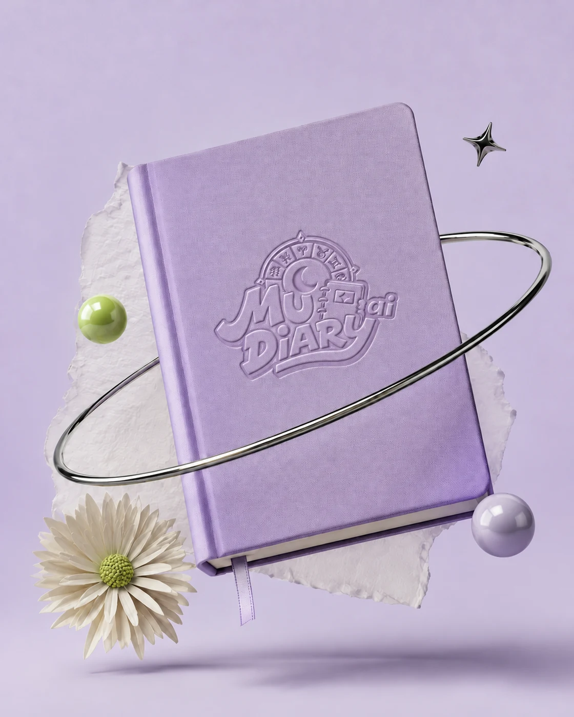 สมุดบันทึกลาเวนเดอร์ปั๊มโลโก้ MuDiary สีเดียวกับปก ลอยในวงโคจรสีเงิน พร้อมดอกไม้กระดาษ
